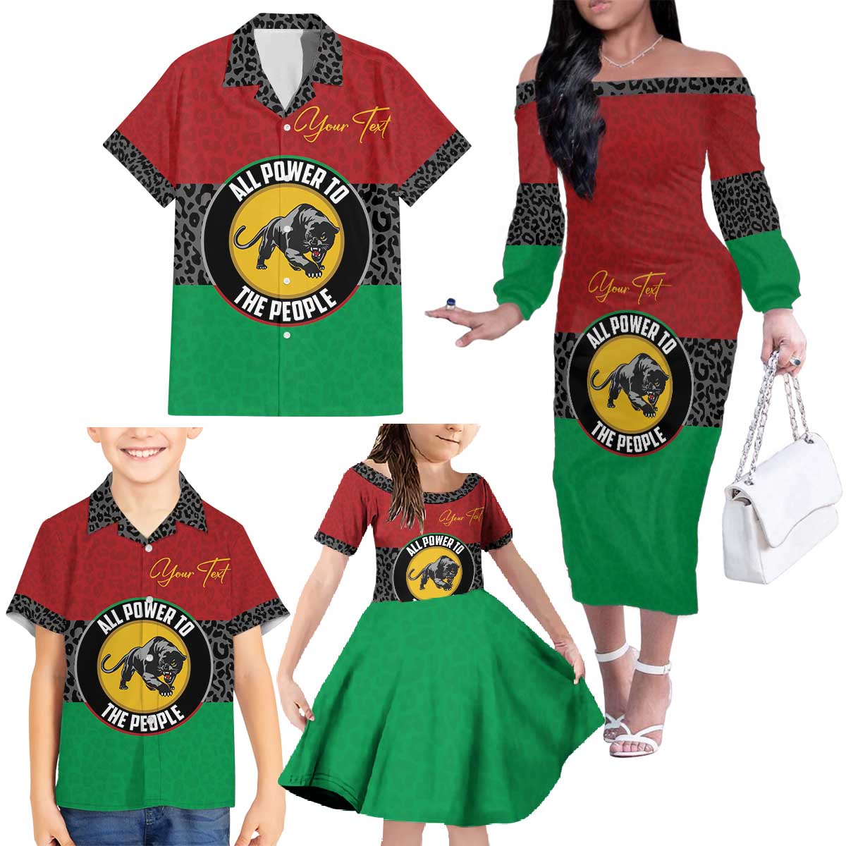 Personalized Pan African Panther Family Matching Off The Shoulder Long Sleeve Dress and Hawaiian Shirt All Power To The People