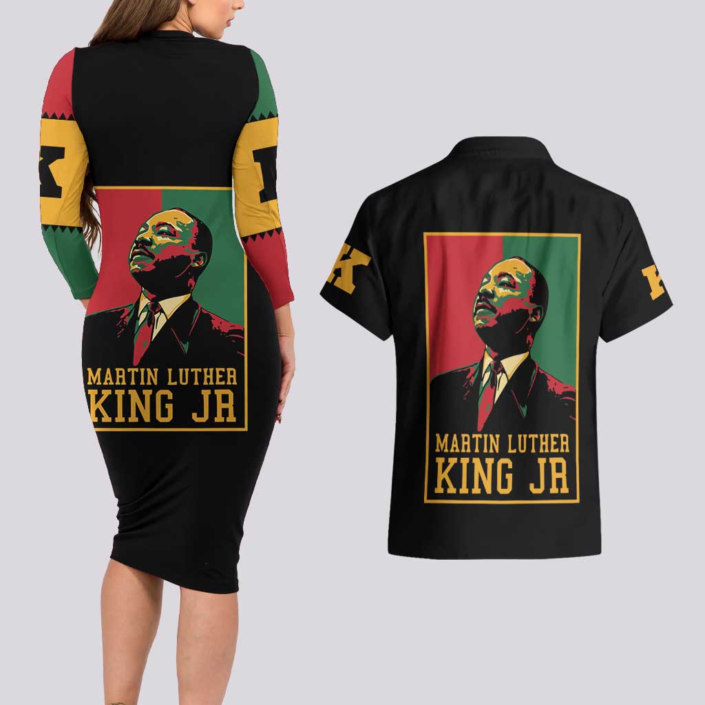 Martin Luther King Jr Couples Matching Long Sleeve Bodycon Dress and Hawaiian Shirt Retro Style