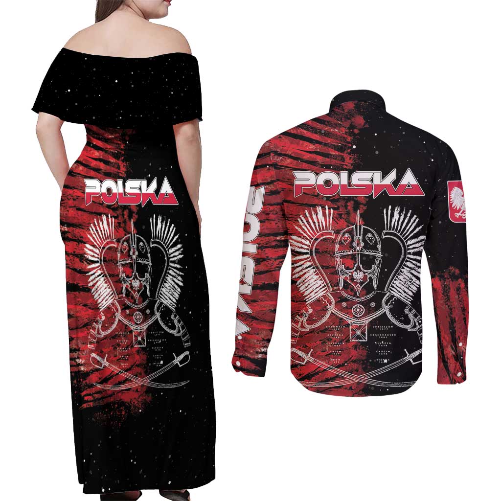 Polish Hussars Polska Couples Matching Off Shoulder Maxi Dress and Long Sleeve Button Shirt Poland Coat of Arms