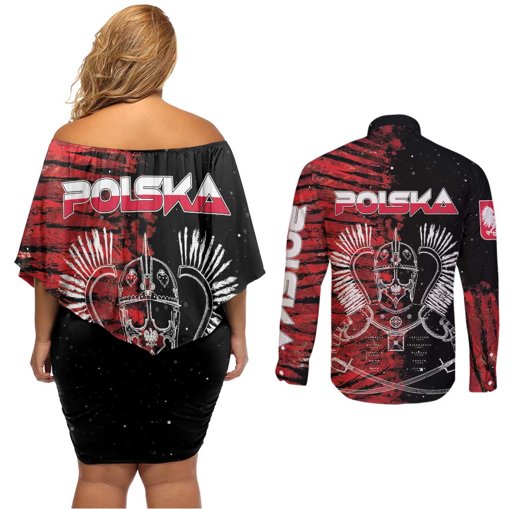 Polish Hussars Polska Couples Matching Off Shoulder Short Dress and Long Sleeve Button Shirt Poland Coat of Arms