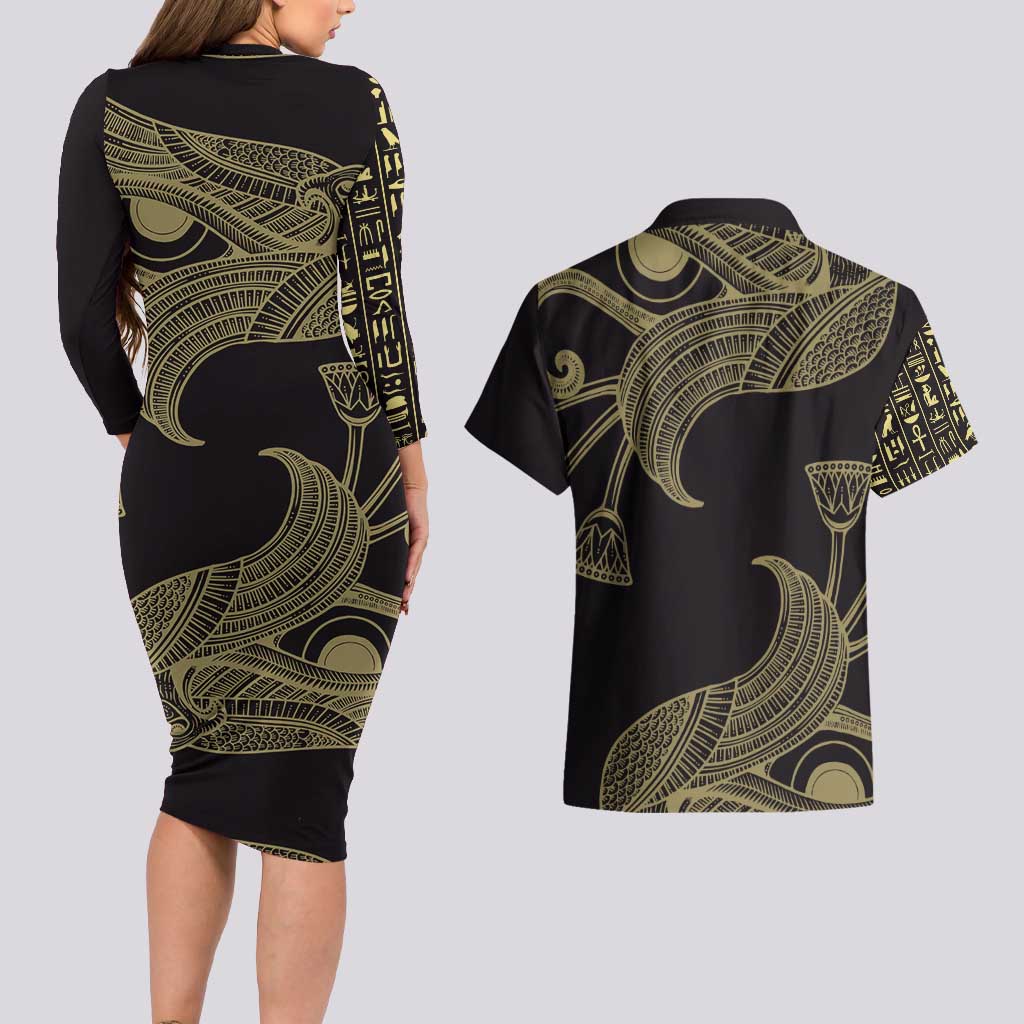 African Couples Matching Long Sleeve Bodycon Dress and Hawaiian Shirt Horus Eyes Egyptian God