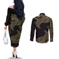 African Couples Matching Off The Shoulder Long Sleeve Dress and Long Sleeve Button Shirt Horus Eyes Egyptian God