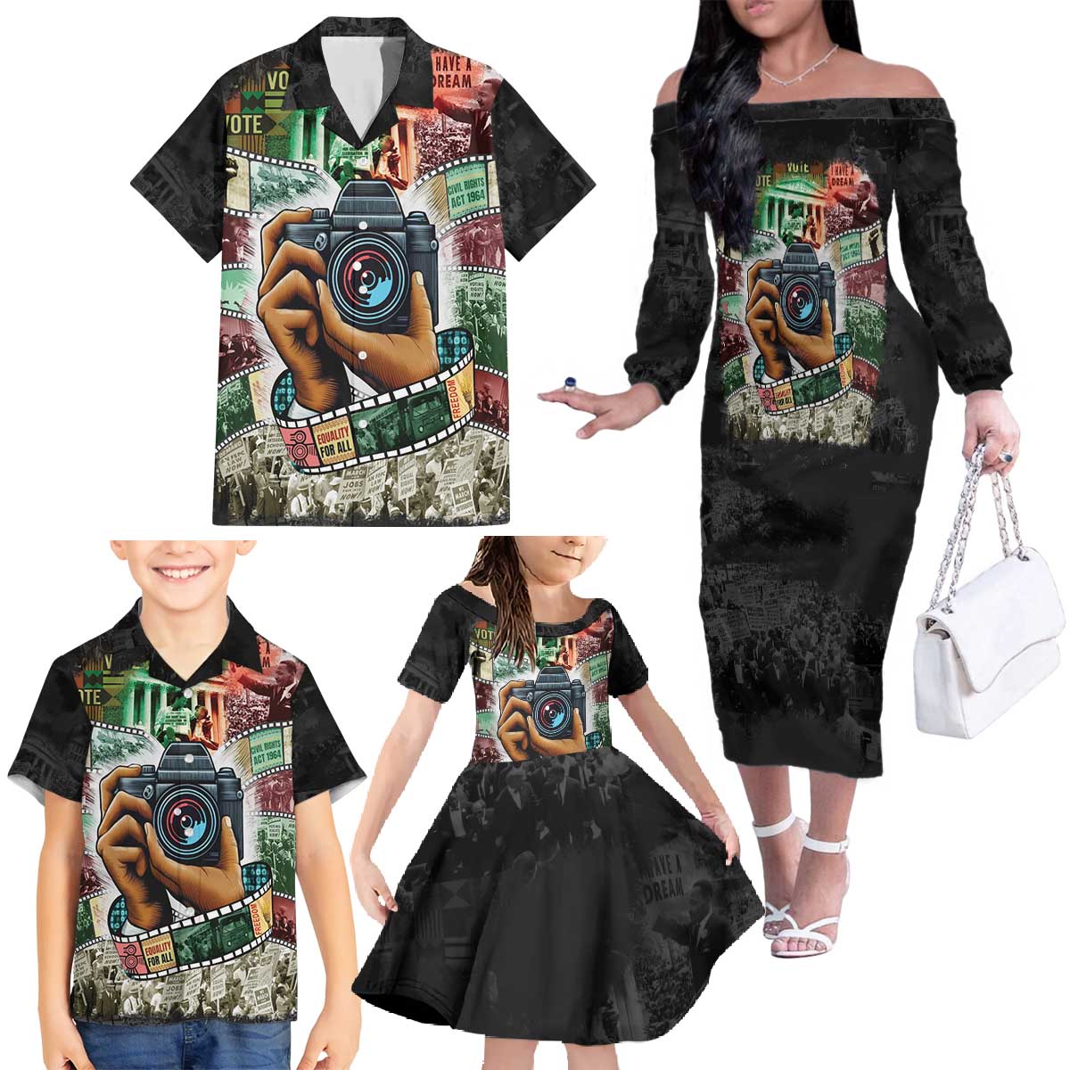 Heritage in Frames Civil Rights Leaders Family Matching Off The Shoulder Long Sleeve Dress and Hawaiian Shirt African-American Photography - Wonder Print Shop
