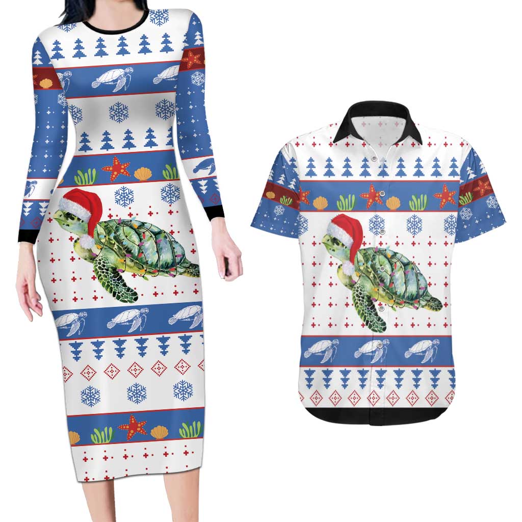 Turtle Xmas Couples Matching Long Sleeve Bodycon Dress and Hawaiian Shirt Green Sea Turtle Merry Christmas - Wonder Print Shop
