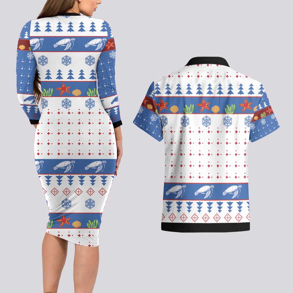Turtle Xmas Couples Matching Long Sleeve Bodycon Dress and Hawaiian Shirt Green Sea Turtle Merry Christmas - Wonder Print Shop