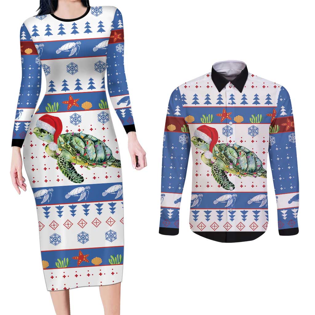 Turtle Xmas Couples Matching Long Sleeve Bodycon Dress and Long Sleeve Button Shirt Green Sea Turtle Merry Christmas - Wonder Print Shop