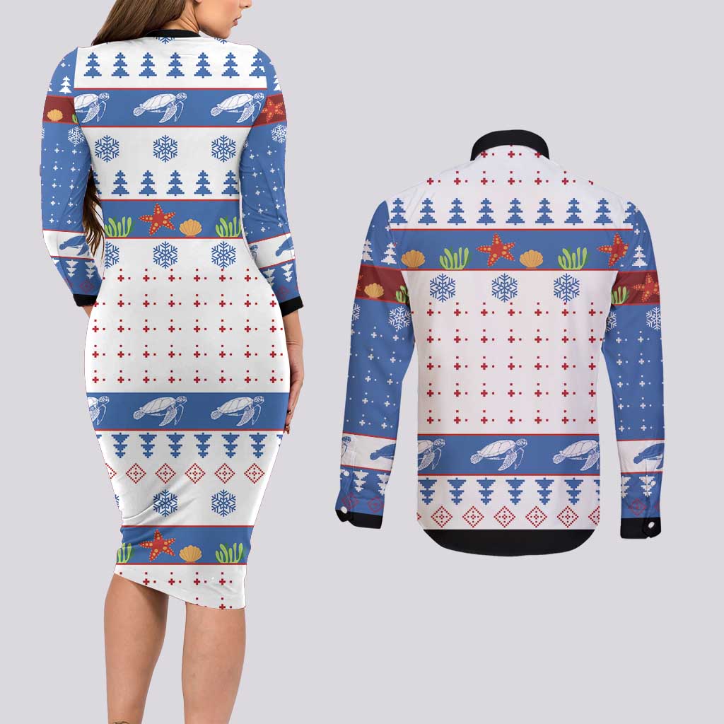 Turtle Xmas Couples Matching Long Sleeve Bodycon Dress and Long Sleeve Button Shirt Green Sea Turtle Merry Christmas - Wonder Print Shop