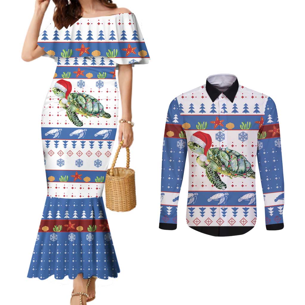 Turtle Xmas Couples Matching Mermaid Dress and Long Sleeve Button Shirt Green Sea Turtle Merry Christmas