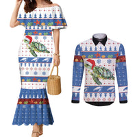Turtle Xmas Couples Matching Mermaid Dress and Long Sleeve Button Shirt Green Sea Turtle Merry Christmas