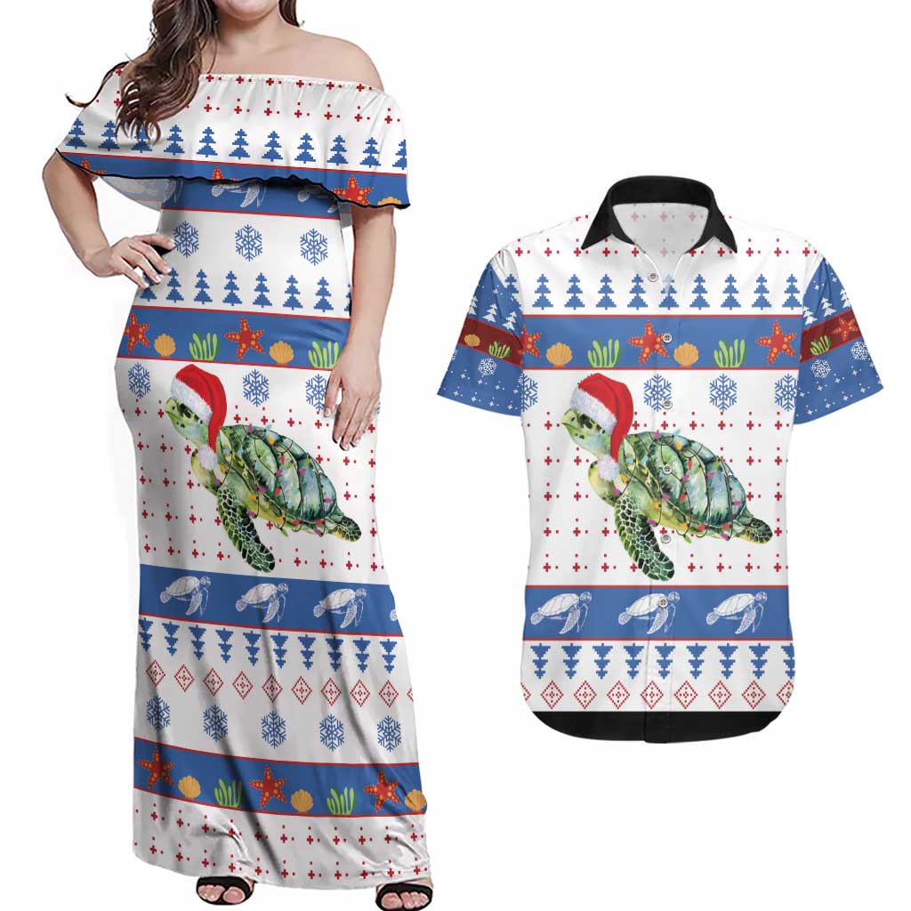 Turtle Xmas Couples Matching Off Shoulder Maxi Dress and Hawaiian Shirt Green Sea Turtle Merry Christmas - Wonder Print Shop