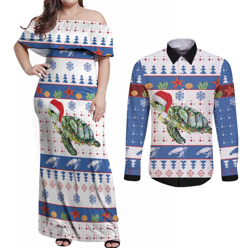 Turtle Xmas Couples Matching Off Shoulder Maxi Dress and Long Sleeve Button Shirt Green Sea Turtle Merry Christmas - Wonder Print Shop
