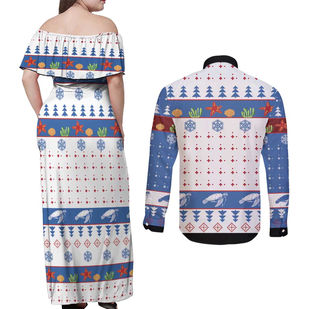 Turtle Xmas Couples Matching Off Shoulder Maxi Dress and Long Sleeve Button Shirt Green Sea Turtle Merry Christmas - Wonder Print Shop