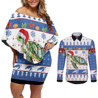 Turtle Xmas Couples Matching Off Shoulder Short Dress and Long Sleeve Button Shirt Green Sea Turtle Merry Christmas - Wonder Print Shop