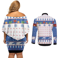Turtle Xmas Couples Matching Off Shoulder Short Dress and Long Sleeve Button Shirt Green Sea Turtle Merry Christmas - Wonder Print Shop