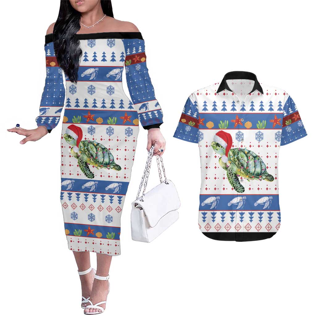 Turtle Xmas Couples Matching Off The Shoulder Long Sleeve Dress and Hawaiian Shirt Green Sea Turtle Merry Christmas - Wonder Print Shop
