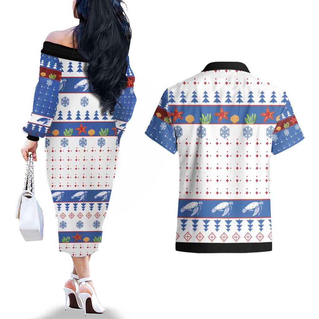 Turtle Xmas Couples Matching Off The Shoulder Long Sleeve Dress and Hawaiian Shirt Green Sea Turtle Merry Christmas - Wonder Print Shop