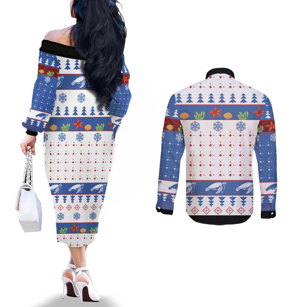 Turtle Xmas Couples Matching Off The Shoulder Long Sleeve Dress and Long Sleeve Button Shirt Green Sea Turtle Merry Christmas