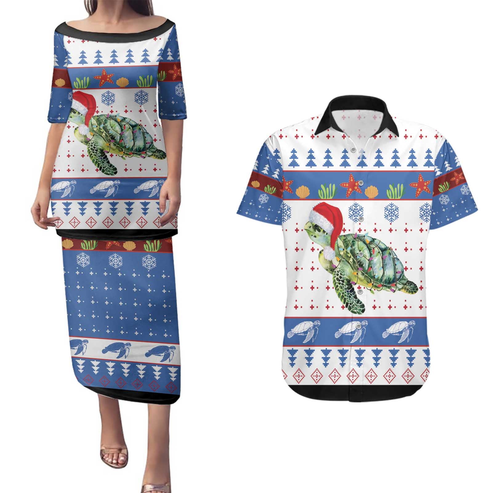 Turtle Xmas Couples Matching Puletasi and Hawaiian Shirt Green Sea Turtle Merry Christmas - Wonder Print Shop