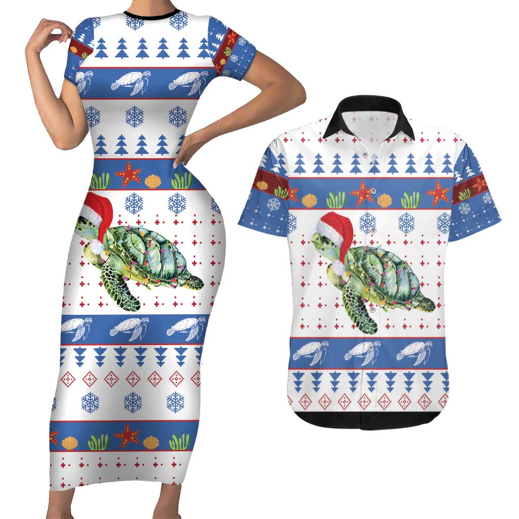 Turtle Xmas Couples Matching Short Sleeve Bodycon Dress and Hawaiian Shirt Green Sea Turtle Merry Christmas - Wonder Print Shop