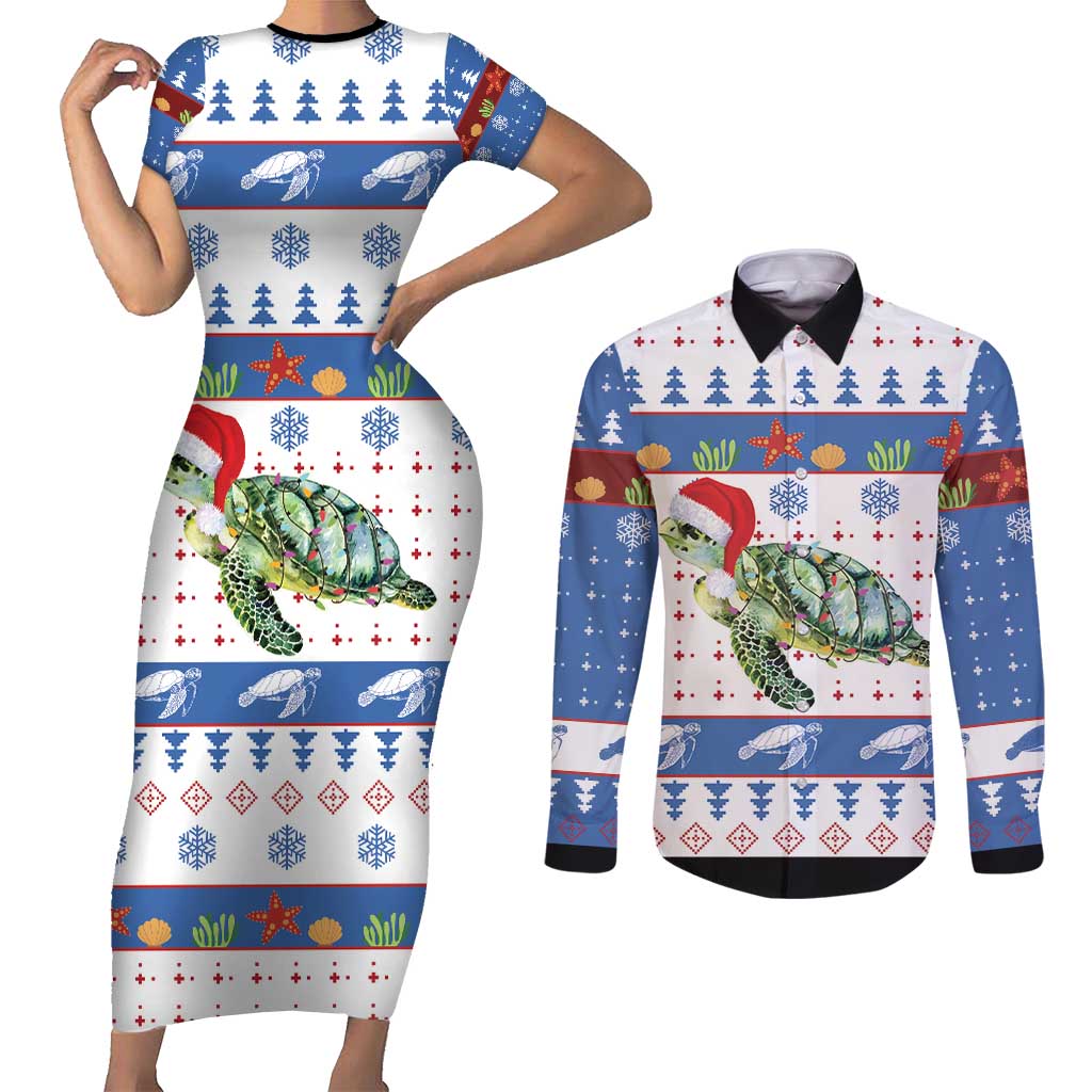 Turtle Xmas Couples Matching Short Sleeve Bodycon Dress and Long Sleeve Button Shirt Green Sea Turtle Merry Christmas - Wonder Print Shop
