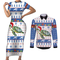 Turtle Xmas Couples Matching Short Sleeve Bodycon Dress and Long Sleeve Button Shirt Green Sea Turtle Merry Christmas - Wonder Print Shop