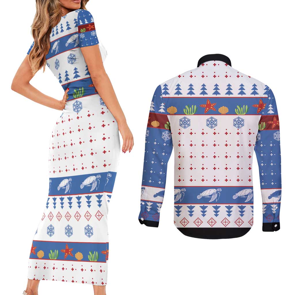 Turtle Xmas Couples Matching Short Sleeve Bodycon Dress and Long Sleeve Button Shirt Green Sea Turtle Merry Christmas - Wonder Print Shop