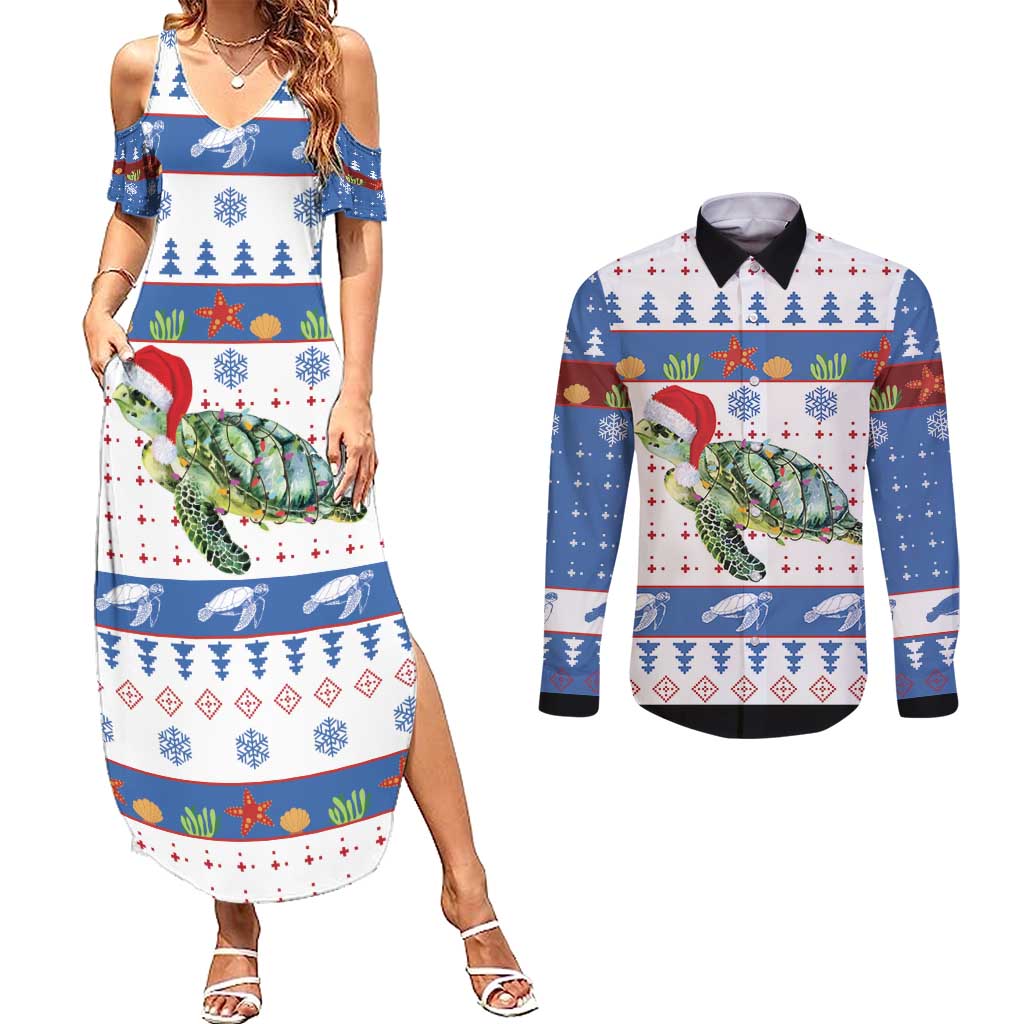 Turtle Xmas Couples Matching Summer Maxi Dress and Long Sleeve Button Shirt Green Sea Turtle Merry Christmas - Wonder Print Shop