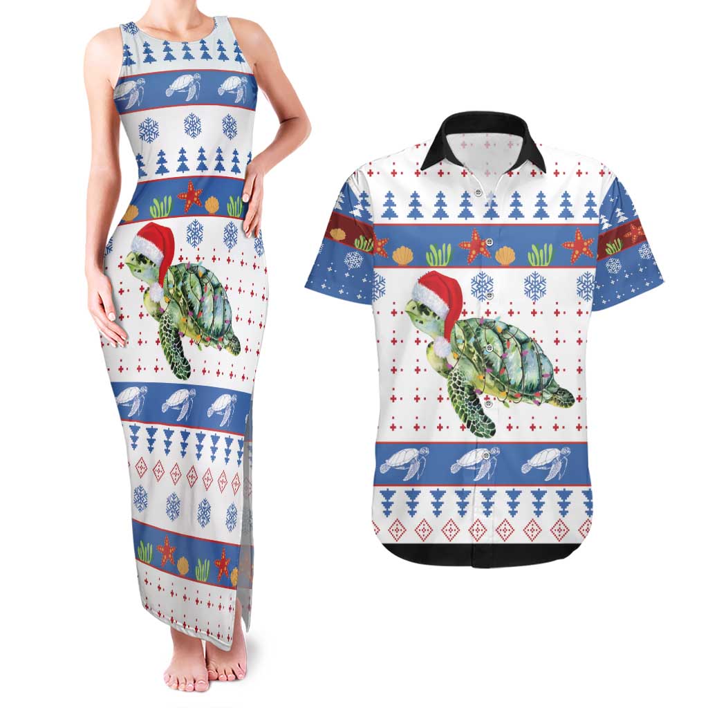 Turtle Xmas Couples Matching Tank Maxi Dress and Hawaiian Shirt Green Sea Turtle Merry Christmas - Wonder Print Shop