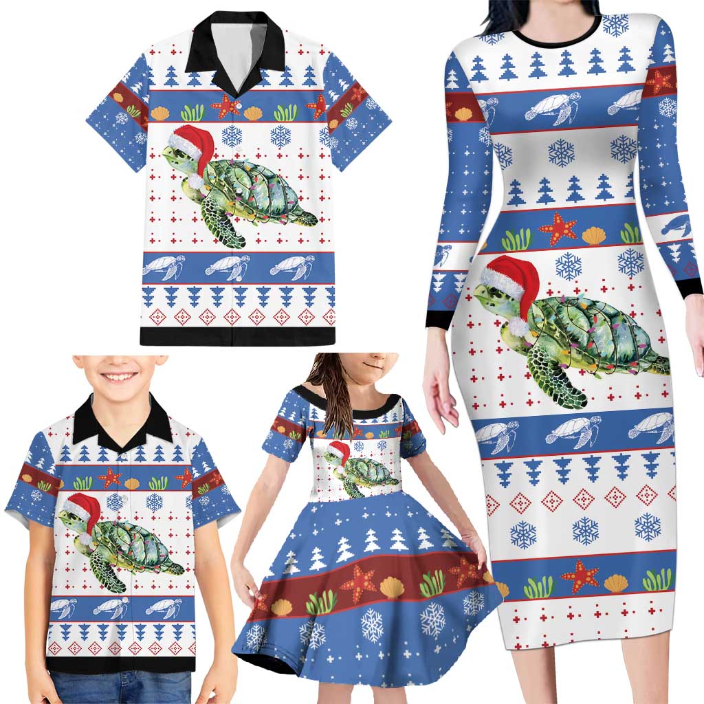 Turtle Xmas Family Matching Long Sleeve Bodycon Dress and Hawaiian Shirt Green Sea Turtle Merry Christmas - Wonder Print Shop