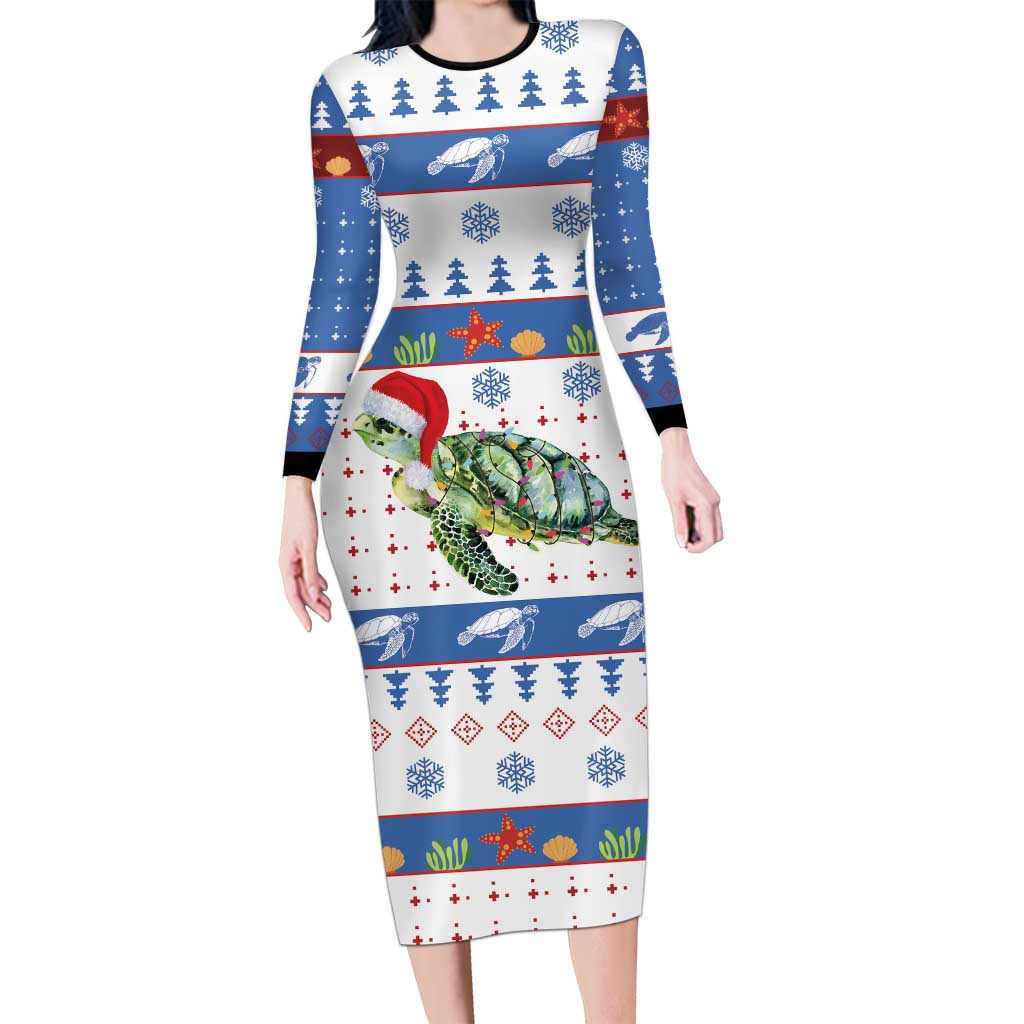 Turtle Xmas Family Matching Long Sleeve Bodycon Dress and Hawaiian Shirt Green Sea Turtle Merry Christmas - Wonder Print Shop