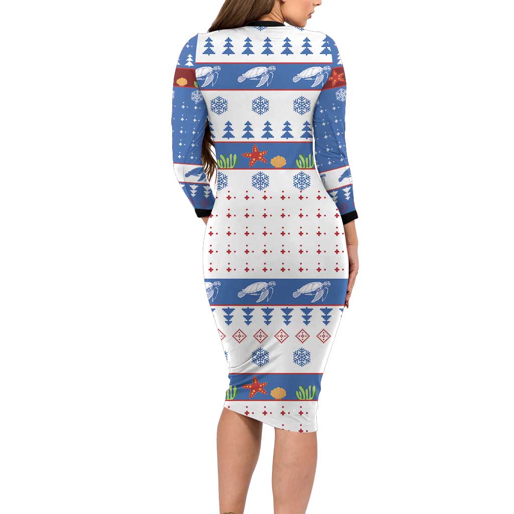 Turtle Xmas Family Matching Long Sleeve Bodycon Dress and Hawaiian Shirt Green Sea Turtle Merry Christmas - Wonder Print Shop