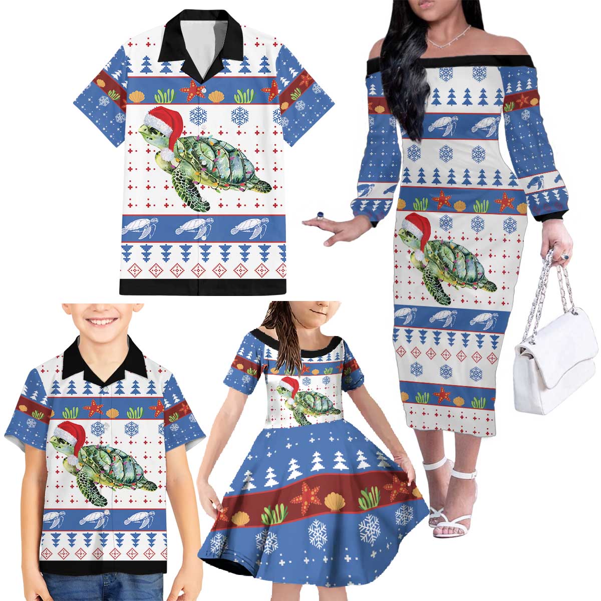 Turtle Xmas Family Matching Off The Shoulder Long Sleeve Dress and Hawaiian Shirt Green Sea Turtle Merry Christmas - Wonder Print Shop