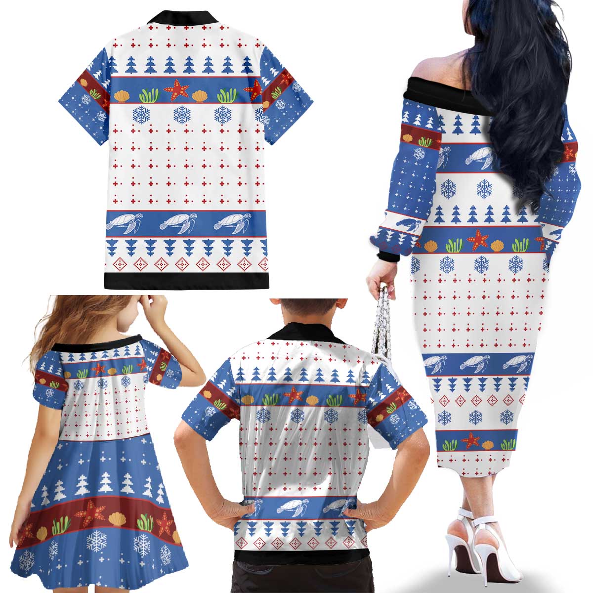 Turtle Xmas Family Matching Off The Shoulder Long Sleeve Dress and Hawaiian Shirt Green Sea Turtle Merry Christmas - Wonder Print Shop