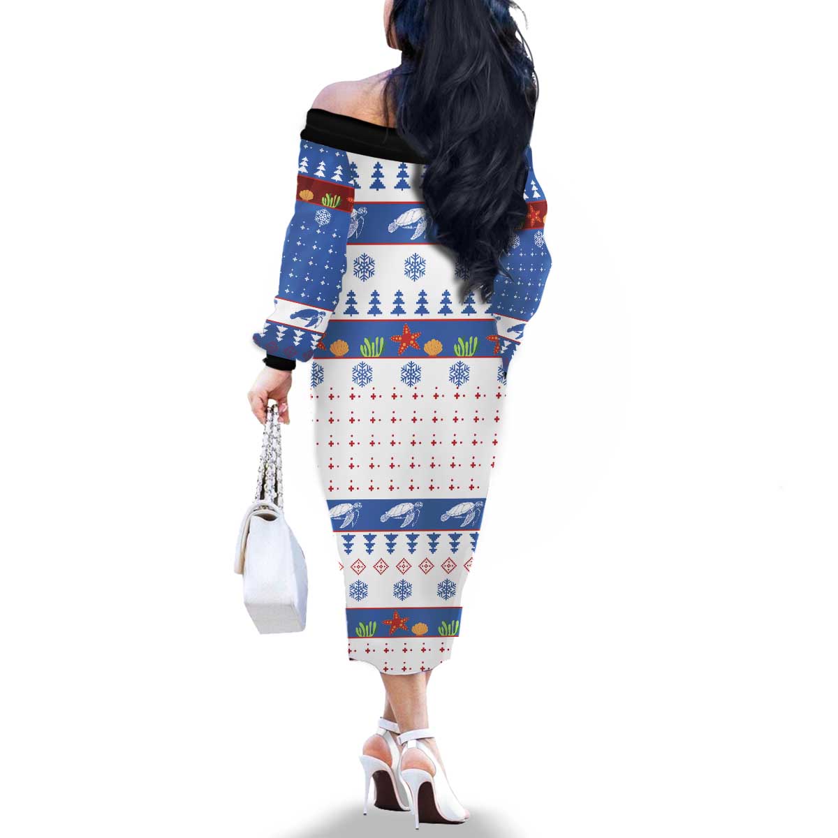 Turtle Xmas Family Matching Off The Shoulder Long Sleeve Dress and Hawaiian Shirt Green Sea Turtle Merry Christmas - Wonder Print Shop