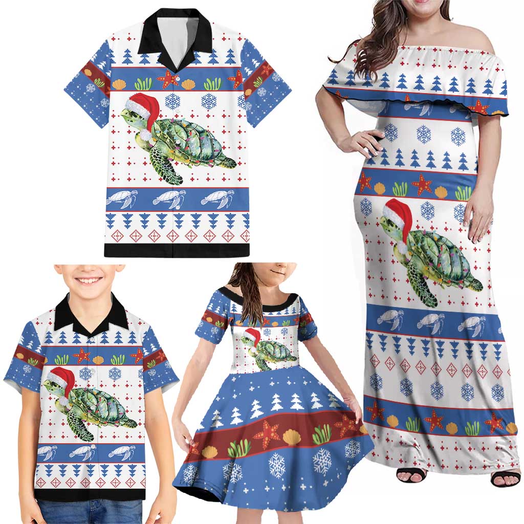 Turtle Xmas Family Matching Off Shoulder Maxi Dress and Hawaiian Shirt Green Sea Turtle Merry Christmas - Wonder Print Shop