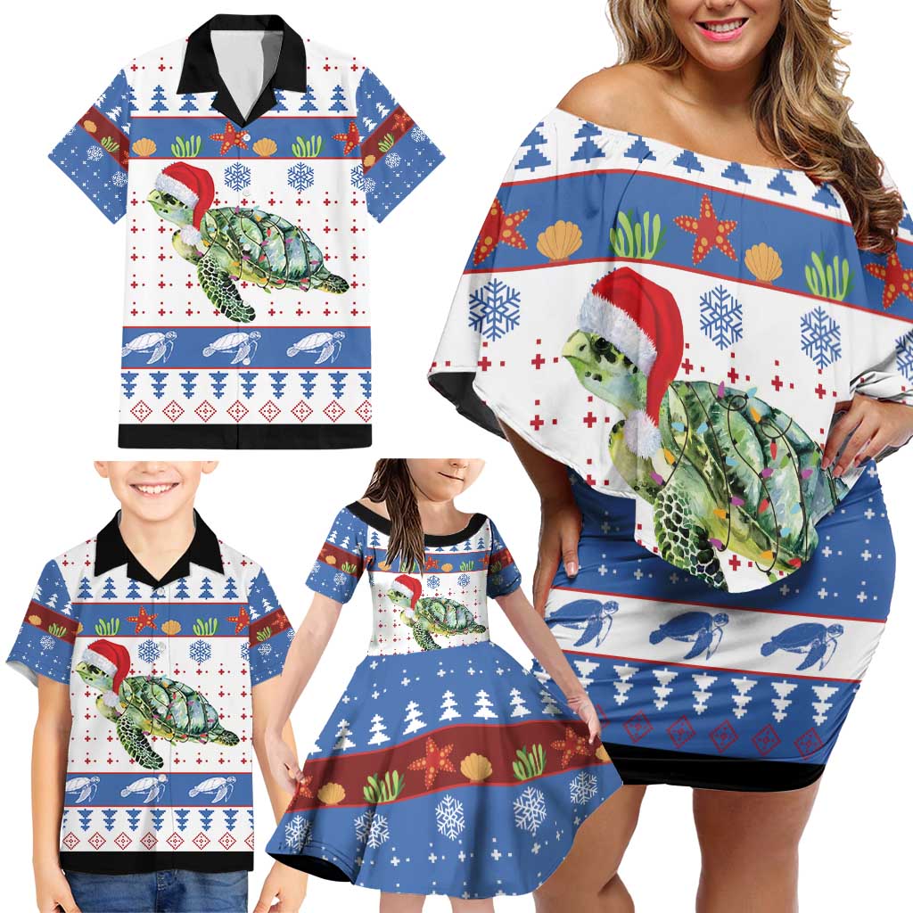 Turtle Xmas Family Matching Off Shoulder Short Dress and Hawaiian Shirt Green Sea Turtle Merry Christmas - Wonder Print Shop
