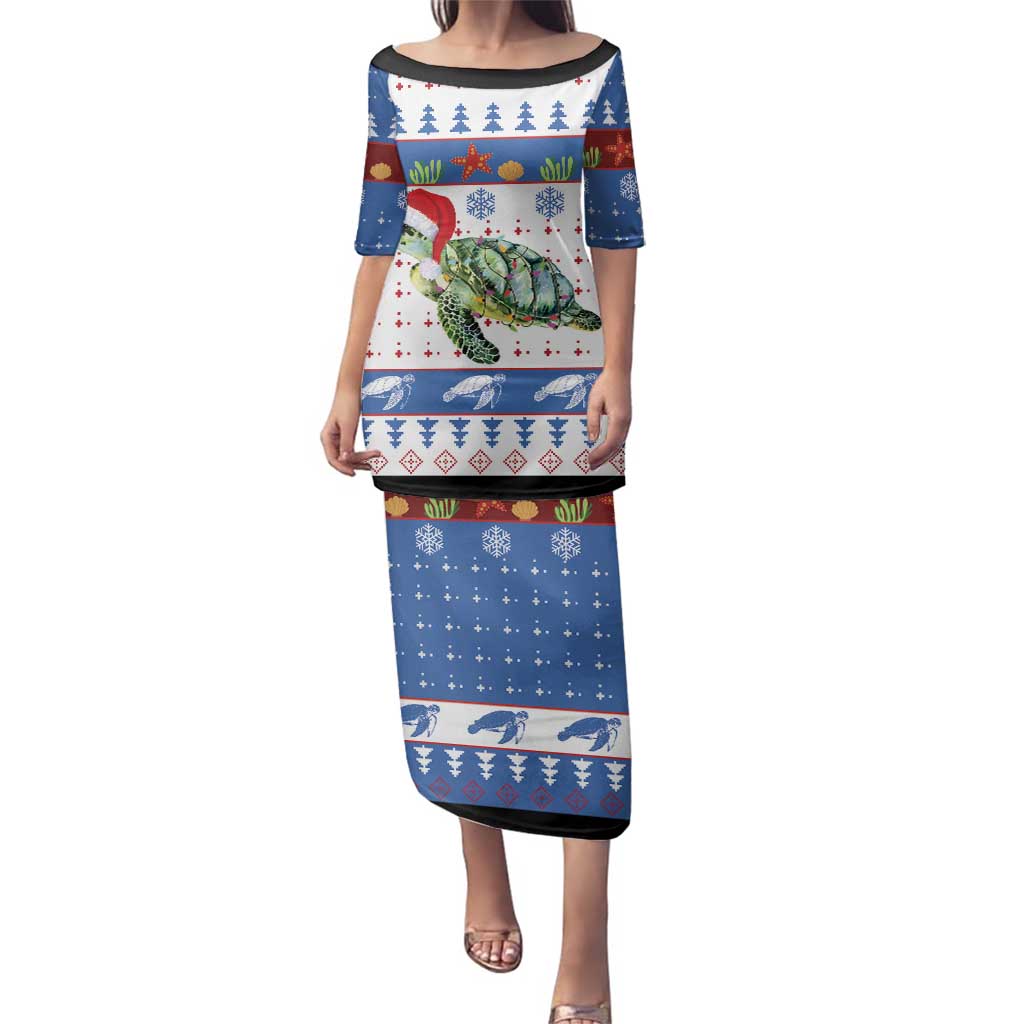 Turtle Xmas Family Matching Puletasi and Hawaiian Shirt Green Sea Turtle Merry Christmas - Wonder Print Shop