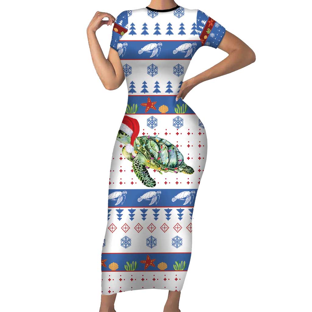 Turtle Xmas Family Matching Short Sleeve Bodycon Dress and Hawaiian Shirt Green Sea Turtle Merry Christmas - Wonder Print Shop