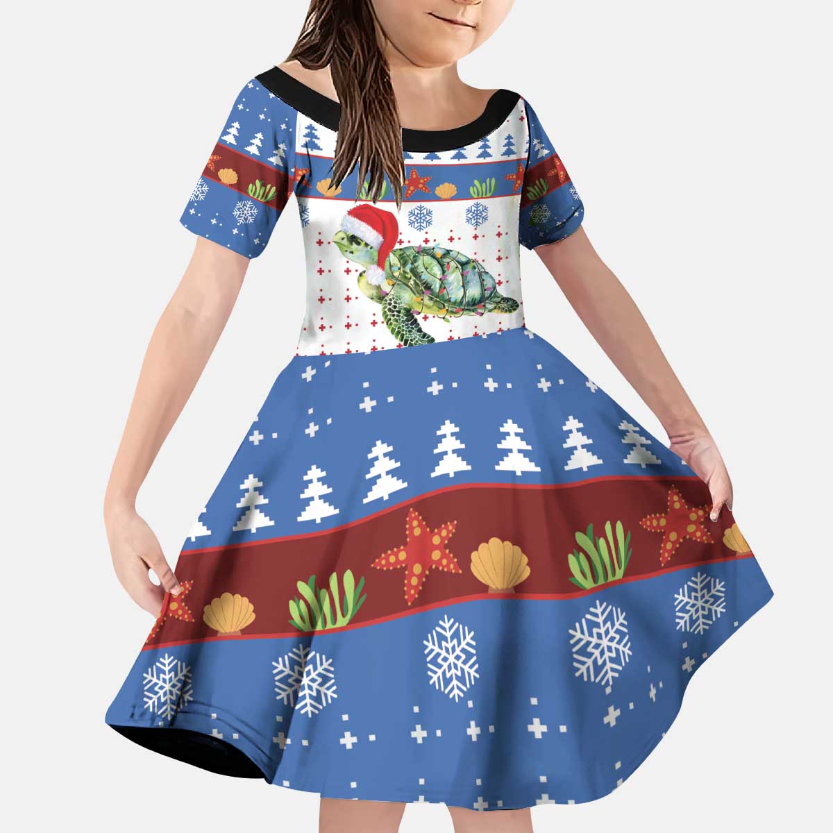 Turtle Xmas Kid Short Sleeve Dress Green Sea Turtle Merry Christmas - Wonder Print Shop