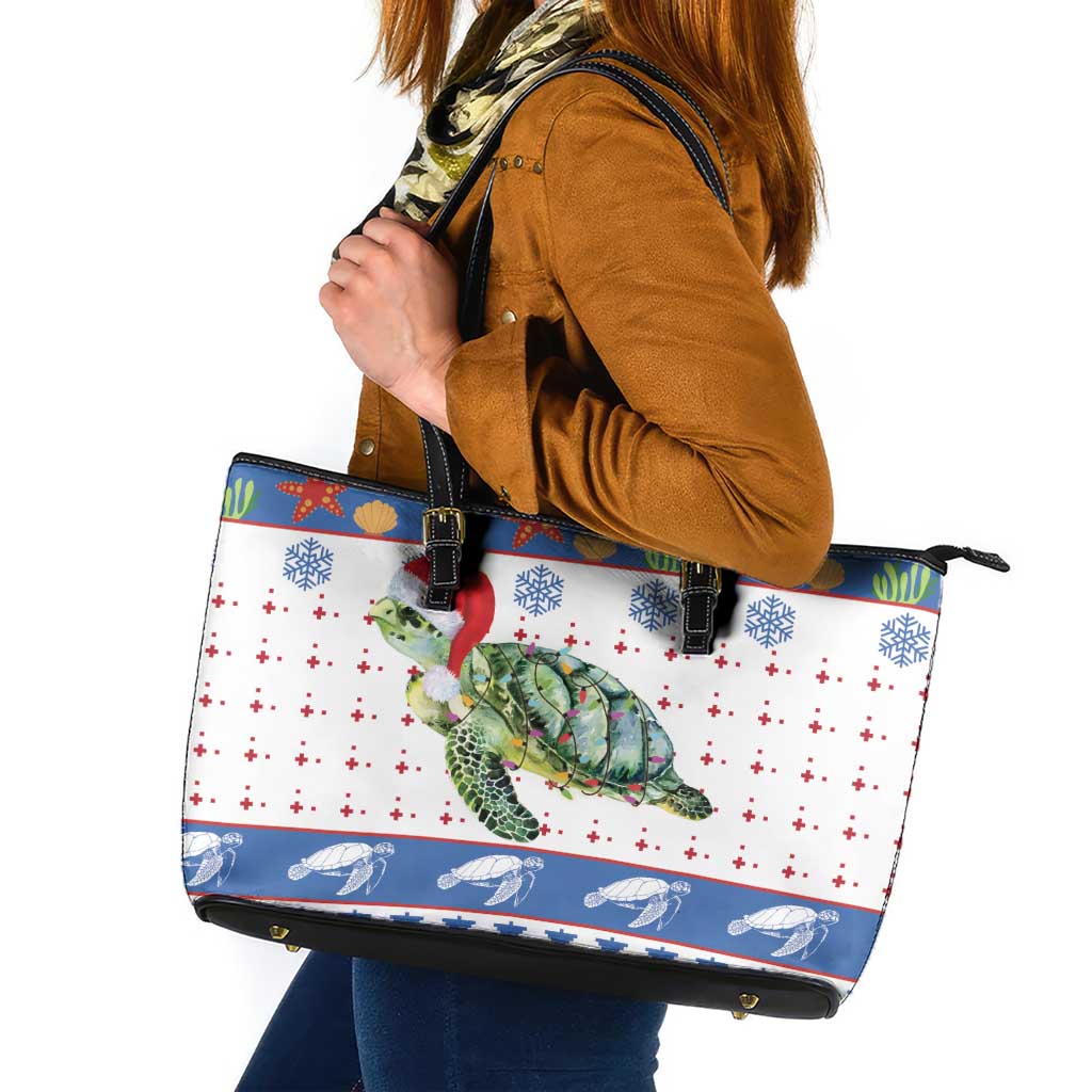 Turtle Xmas Leather Tote Bag Green Sea Turtle Merry Christmas - Wonder Print Shop