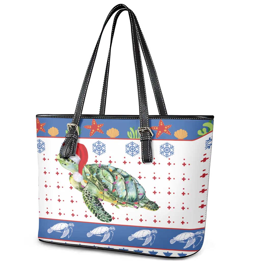 Turtle Xmas Leather Tote Bag Green Sea Turtle Merry Christmas - Wonder Print Shop