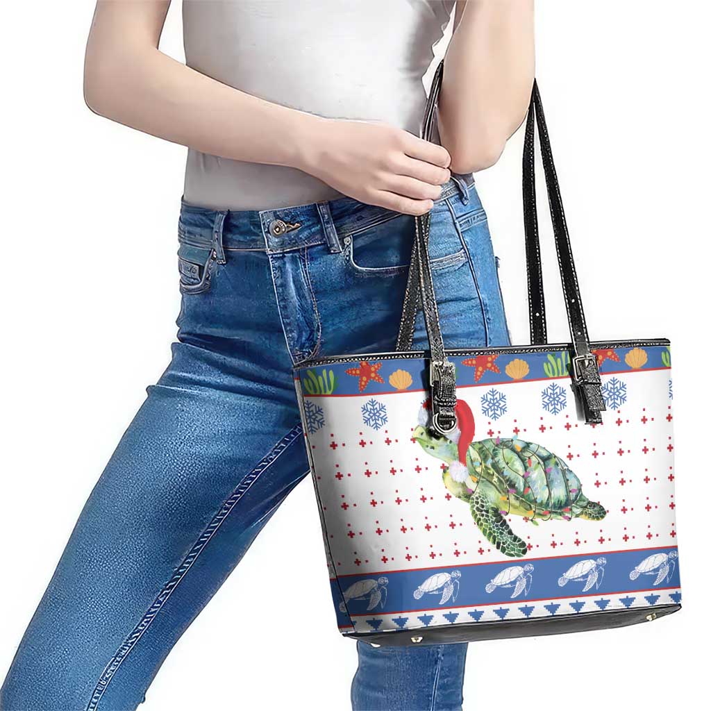 Turtle Xmas Leather Tote Bag Green Sea Turtle Merry Christmas - Wonder Print Shop