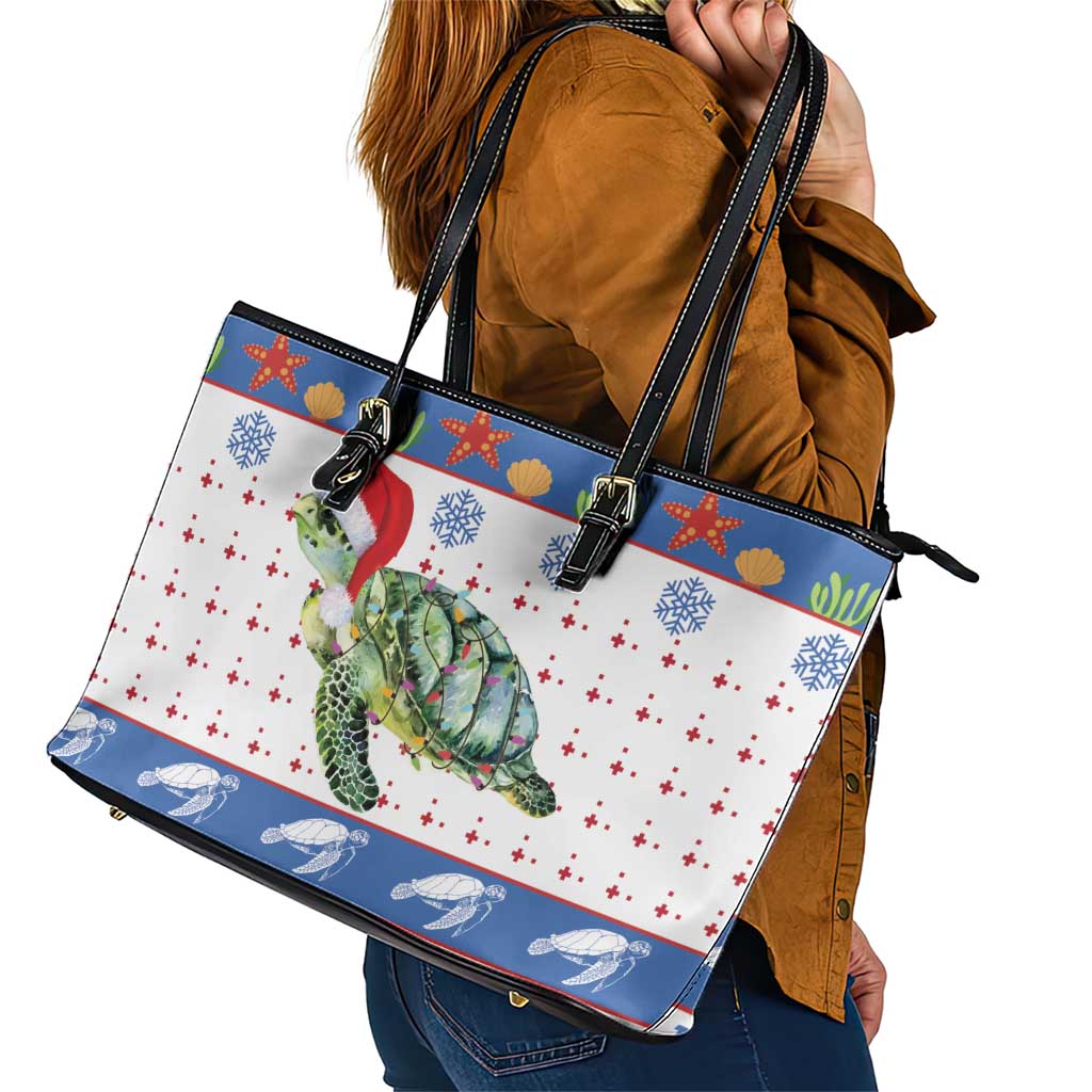 Turtle Xmas Leather Tote Bag Green Sea Turtle Merry Christmas - Wonder Print Shop