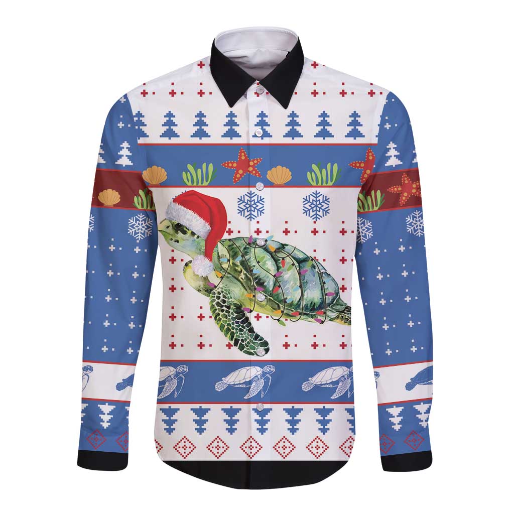 Turtle Xmas Long Sleeve Button Shirt Green Sea Turtle Merry Christmas - Wonder Print Shop