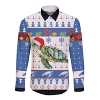 Turtle Xmas Long Sleeve Button Shirt Green Sea Turtle Merry Christmas - Wonder Print Shop