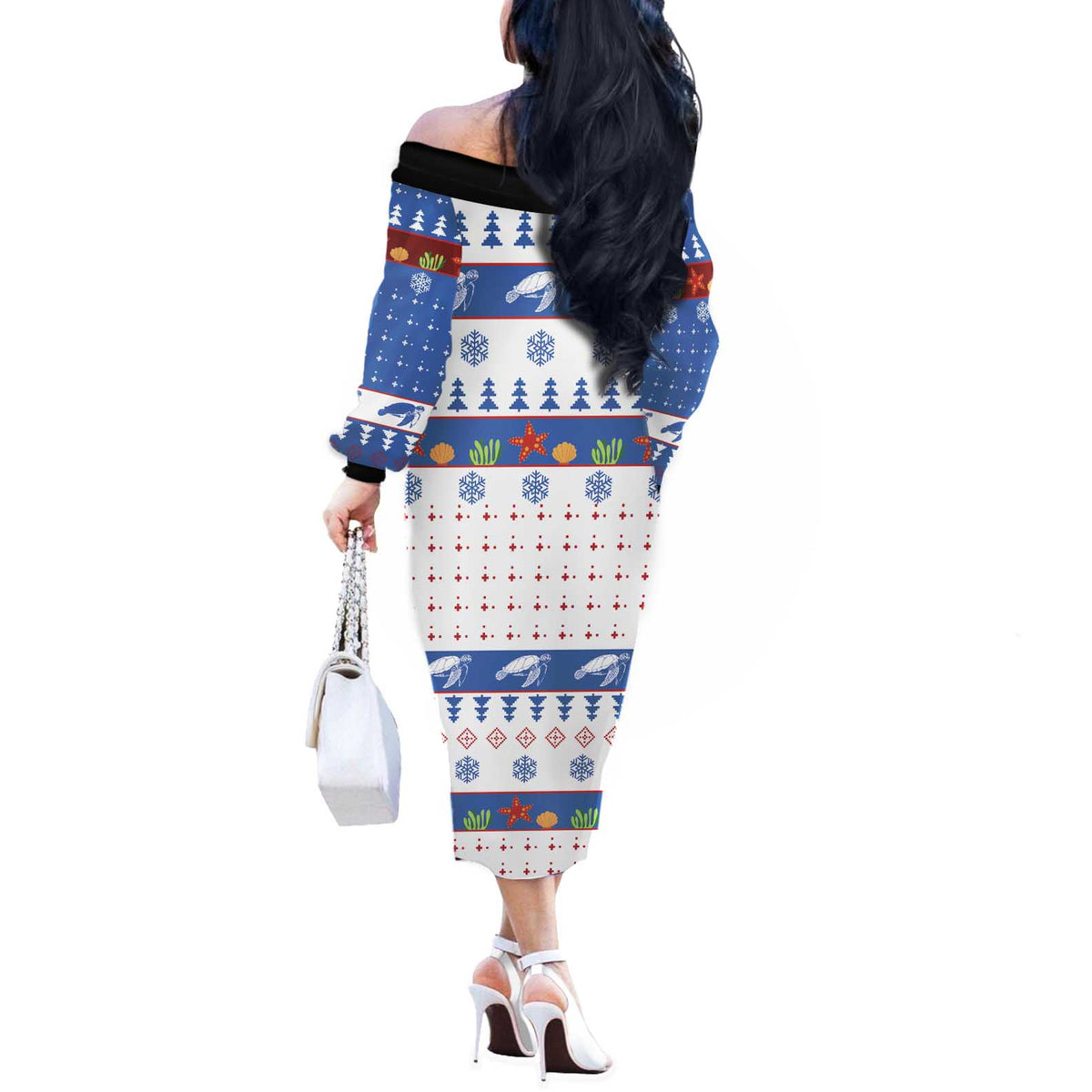 Turtle Xmas Off The Shoulder Long Sleeve Dress Green Sea Turtle Merry Christmas - Wonder Print Shop