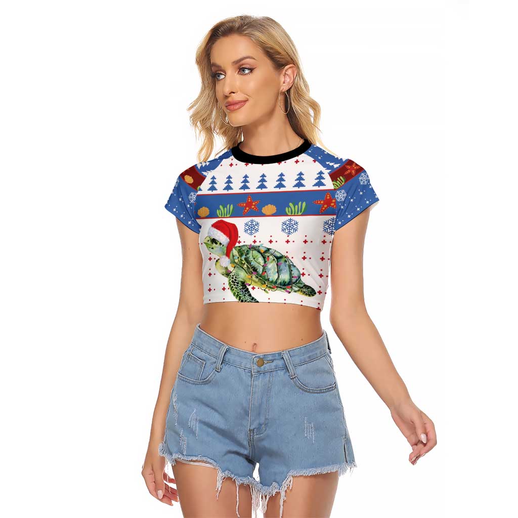 Turtle Xmas Raglan Cropped T Shirt Green Sea Turtle Merry Christmas - Wonder Print Shop