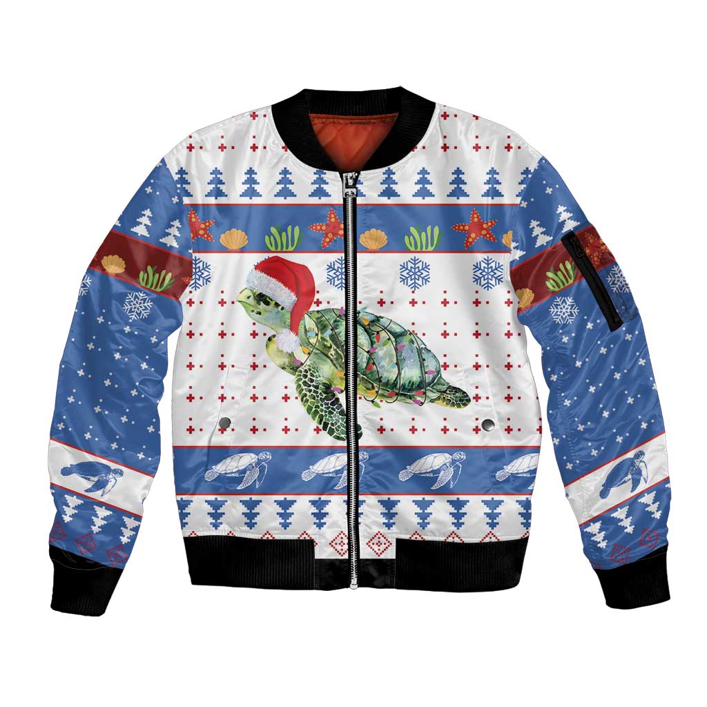 Turtle Xmas Sleeve Zip Bomber Jacket Green Sea Turtle Merry Christmas - Wonder Print Shop
