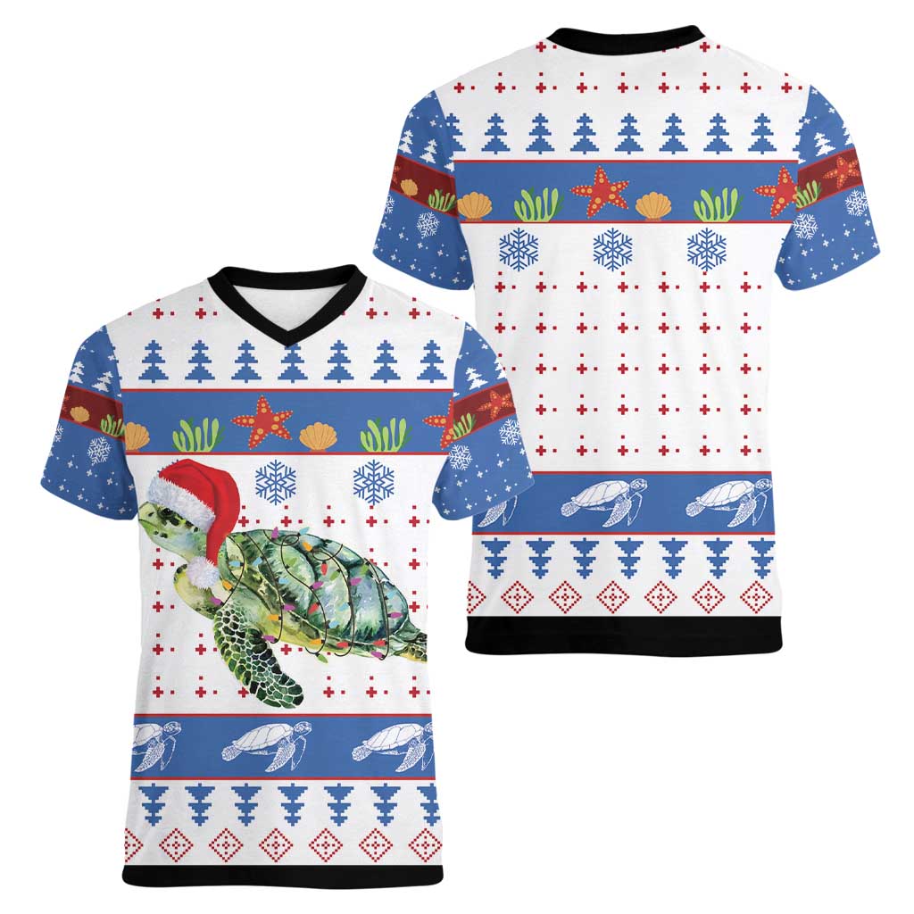 Turtle Xmas Women V-Neck T-Shirt Green Sea Turtle Merry Christmas - Wonder Print Shop