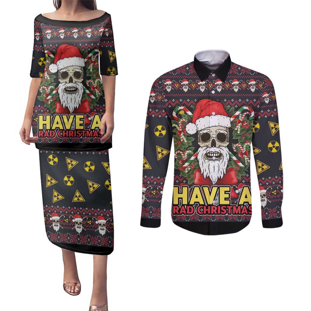 Skull Have A Rad Christmas Couples Matching Puletasi and Long Sleeve Button Shirt Santa Skull - Wonder Print Shop